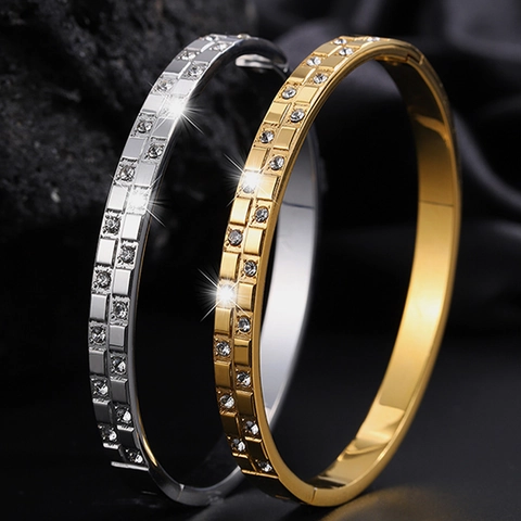 Titanium Steel Bangle Lattice Grid Zircon Inlaid Fashion Luxury Hinge Bracelet For Women Jewelry