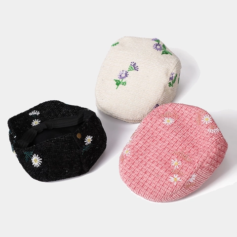 Cappello Newsboy Da Donna In Velluto A Coste Ricamo Margherita Paillettes Berretto Retro Tesa Corta