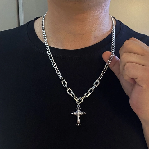 Cross Pendant Necklace Stainless Steel Cuban Chain Double Layer Hip Hop Gothic Jewelry For Men
