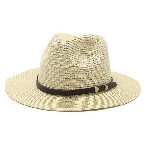 Straw Fedora Hat Paper Weave Sun Protection Summer Beach Wide Brim Vintage Jazz With Faux Leather Band Studs Unisex