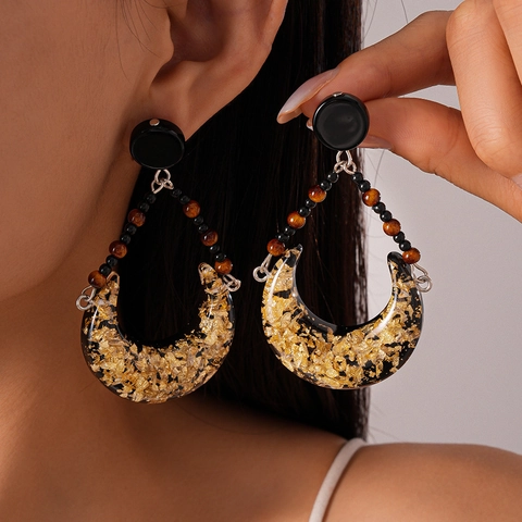 Pendientes Colgantes De Media Luna Vintage Pan De Oro Resina Cuentas Con Poste De Plata De Ley 925 Para Mujer