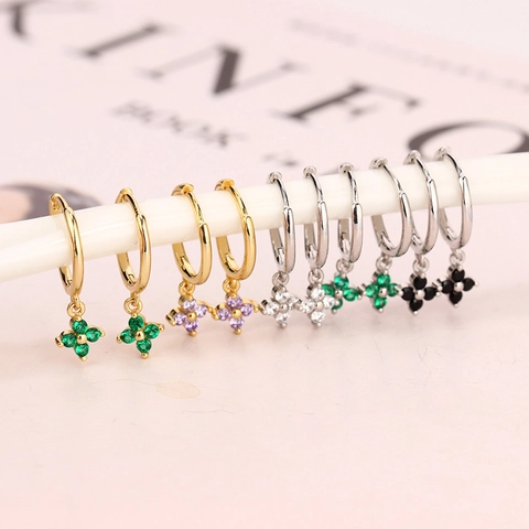 Boucles Oreilles Créoles En Cuivre Élégantes Style Français Avec Pendentif Fleur À Quatre Pétales Zircone Bijoux Femmes