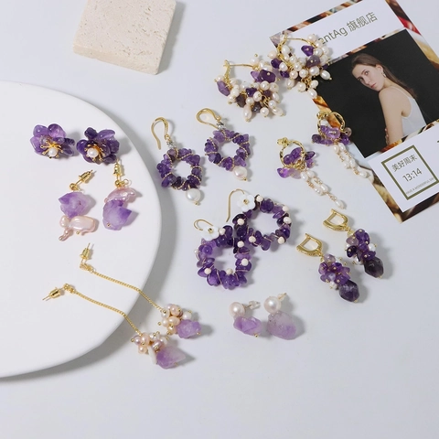 Natural Freshwater Pearl Amethyst Earrings For Women Fashion Elegant Gold Plated Alloy Drop Stud Earrings Jewelry Gift