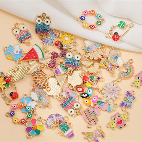Enamel Alloy Cartoon Charms Connector Links Owl Unicorn Rainbow Flower Pattern For DIY Jewelry Making Bracelet Accessories