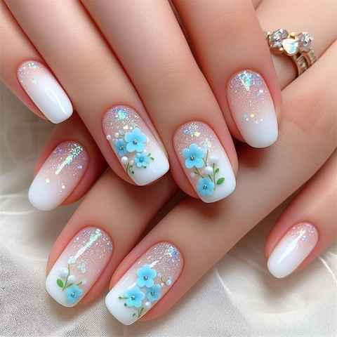 Korte Vierkante Plaknagels Roze Ombre Met 3D Blauwe Bloem Kunstparel Glitter Kunstnagel Tips Voor Vrouwen