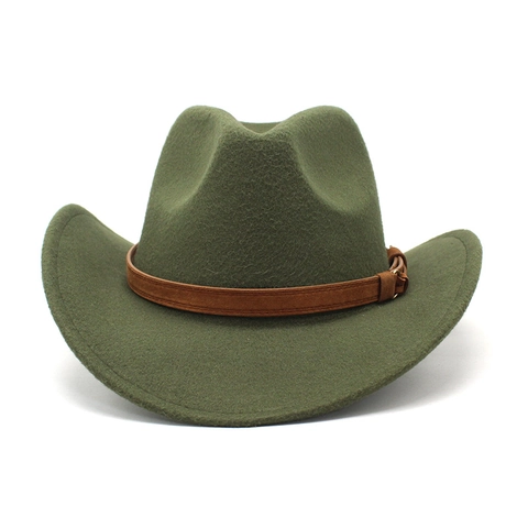 Western Cowboy Hat Felt Woolen Wide Brim Vintage Jazz Fedora With Leather Belt Buckle For Men Women