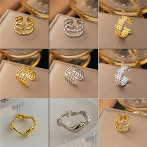 Anello Regolabile Aperto in Acciaio al Titanio Minimalista per Donna Oro Argento Multistrato Geometrico Cavo Cuore Bambù Gioielli