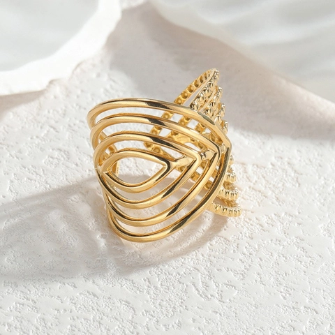 Ring Edelstahl 18K Vergoldet Mehrlagig Geometrisch Ausgehöhlt Offen Verstellbar High End Schmuck Für Damen