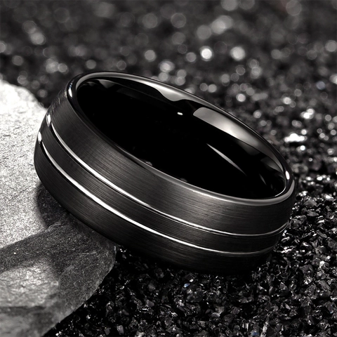 Anillo De Carburo De Tungsteno Negro Superficie Cepillada Detalles Ranurados Joyería Minimalista Hombres Banda Pulida Espejo