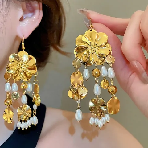 Pendientes De Borla Con Flores Estilo Corte Retro Con Perla Artificial De Imitación Y Poste De Plata Para Mujer Joyería Barroca