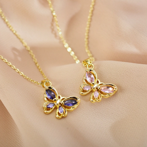 Collar Con Colgante De Mariposa Aleación Estrás Colorido Brillante Elegante Minimalista Joyería Para Mujeres Niñas
