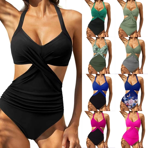 Monokini Swimsuit Halter Cross Neck Cut Out Ruched Tummy Control Sexy Beachwear For Women Polyester