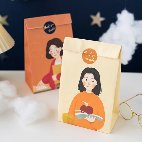 Teacher Day Gift Paper Bags And Stickers Set Cartoon Illustration Thank You Teacher Gift Wrapping Bags For School Presents