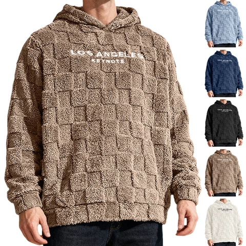 Sudadera Con Capucha Para Hombre Pullover Forro Polar Sherpa Grabado En Tablero De Ajedrez Bordado Suelto Casual
