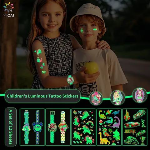 Luminous Temporary Tattoo Stickers Waterproof Glow In The Dark Cartoon Dinosaur Mermaid For Kids Boys Girls Party Favors