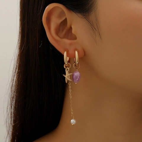 Asymmetrical Gold Plated Alloy Hoop Earrings Heart Bird Starfish Shell Artificial Pearl Long Chain Dangle Jewelry Gift Women