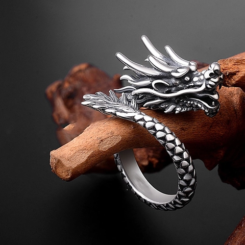 Vintage Copper Dragon Ring For Men Women Antique Silver Plated Adjustable Dragon Scale Finger Ring Chinese Zodiac Jewelry