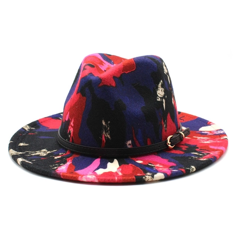 Colorful Graffiti Fedora Hat Wide Brim Wool Felt Abstract Art Vintage Jazz Cap With Leather Band For Men And Women