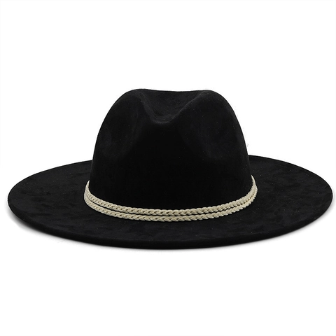 Wide Brim Fedora Hat Western Cowboy Style Suede Sun Protection Jazz Cap With Braided Rope For Men Women