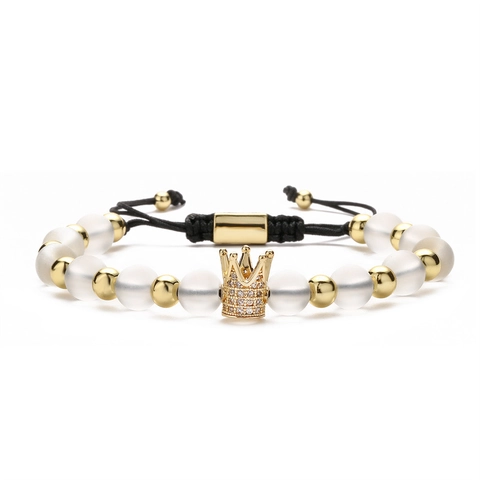 Crown Beaded Bracelet Matte Agate Stone Copper Micro Pave Cubic Zirconia Adjustable Braided Rope Fashion Jewelry Men