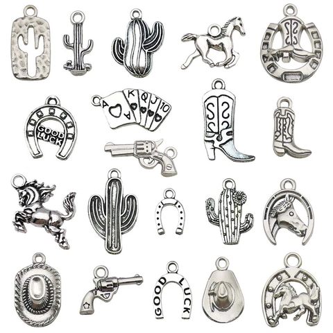 Breloques Cowboy De L'Ouest En Alliage De Zinc Argent Antique Fer À Cheval Chapeau Botte Cactus Pour Bijoux DIY