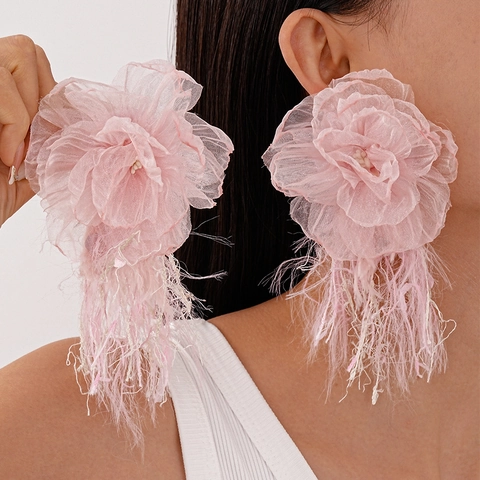 Handmade Fabric Flower Tassel Earrings With Goose Feather And Silver Earring Post Sweet Vacation Style For Women
