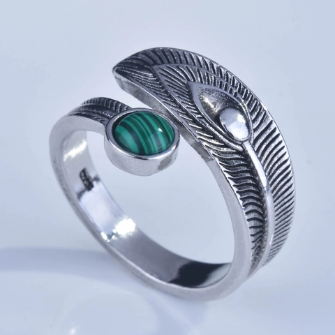 Vintage Silver Plated Copper Ring Feather Design Adjustable Opening With Green Malachite Stone Ethnic Style Jewelry For Women
