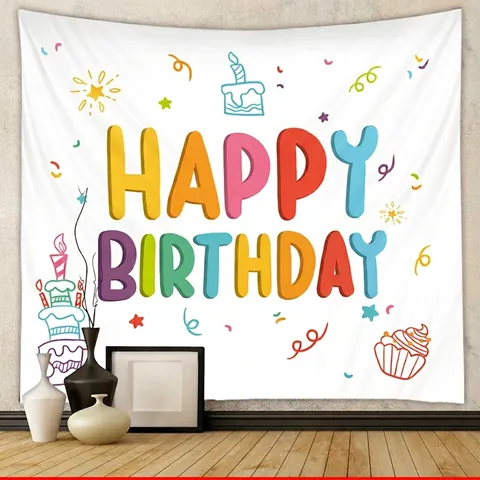 Birthday Party Backdrop Tapestry Polyester Cartoon Happy Birthday Pattern Wall Hanging Room Decor For Photography