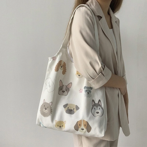 Canvas Tote Bag Cartoon Dog Head Print Large Capacity Shoulder Handbag Casual Harajuku Style Shopping Bag