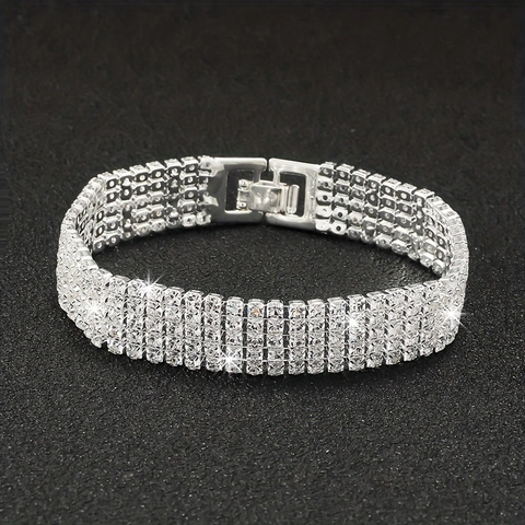 Luxus Legierung Silber Mehrreihiges Full Strass Tennis Armband Für Damen Elegantes Glitzerndes Dating Geschenk Schmuck