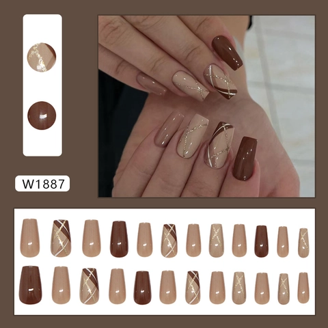 Coffin Shape Press On Nails Rautenmuster Feiner Glitzer Kaffeebraun ABS Kunststoff Abnehmbar Hochglanz