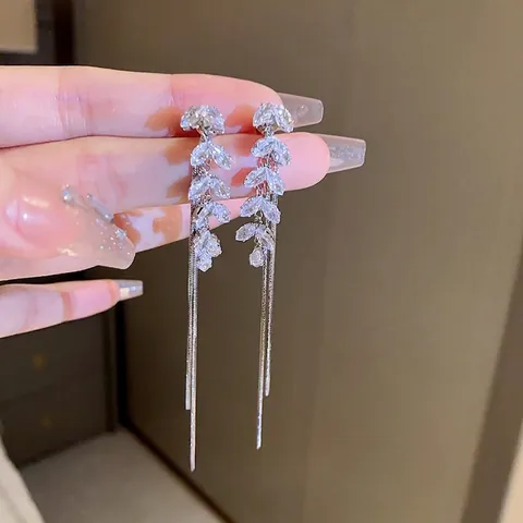Pendientes Largos Con Borlas De Espiga De Trigo Con Circonita Y Poste De Plata De Ley 925 Joyería De Hoja Elegante Para Mujer