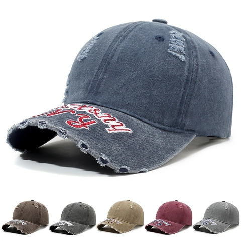 Vintage Gewaschene Baumwolle Distressed Baseballkappe Bestickte Buchstaben Retro Zerrissen Sonnenhut Verstellbar