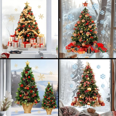 Christmas Tree Window Stickers PVC Static Cling Gift Box Snowflake Decals Festive Glass Wall Decor Home Party Layout