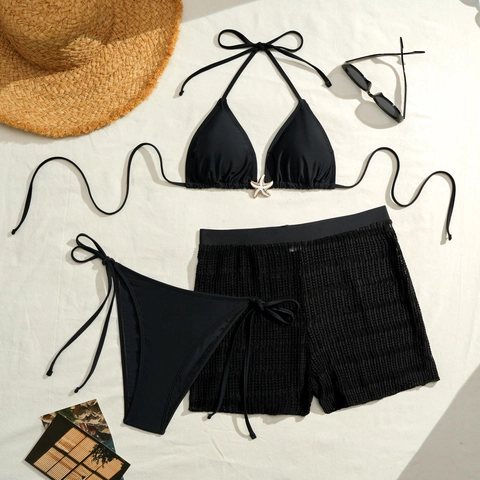 Halter Neck Polyester Bikini Top And Bottom With Mesh Shorts Women Swimsuit Starfish Accessory Solid Color Beachwear