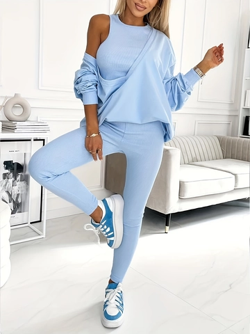 Dames Casual Ribgebreide Lange Mouwen Sweatshirt Tanktop En Leggings Effen Kleur Sportieve Streetwear
