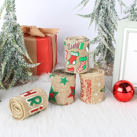 Weihnachtsband Aus Sackleinen Mit Drahtkante Bedruckt Strumpf Stern DIY Basteln Geschenkverpackung Baumschmuck Rustikal