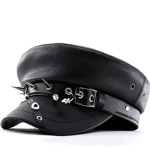 Punk Rock PU Leder Militärhut Mit Metallstacheln Und Nieten Gothic Hip Hop Flache Kappe Für Damen
