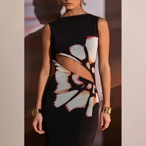 Dames Maxi Jurk Met Bloemenprint Mouwloos Slanke Pasvorm Sexy Vintage Streetwear Polyester Spandex Avondfeest Lange Jurk