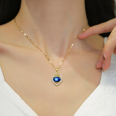 Evil Eye Heart Pendant Necklace Stainless Steel Gold Plated Chain Copper Cubic Zirconia Elegant Jewelry Accessories For Women