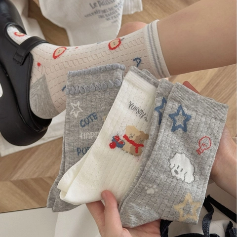 Damen Wadenhohe Socken Baumwolle Mesh Atmungsaktiv Süße Cartoon Hund Apfel Bär Muster Koreanischer Stil Socken
