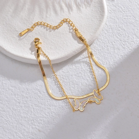 Double Layer Butterfly Bracelet 14K Gold Plated Stainless Steel Snake Link Chain Mother Of Artificial Pearl Shell Elegant Jewelry For Women