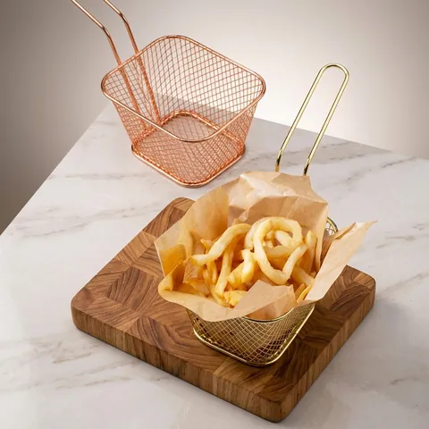 Mini French Fry Basket Square Electroplated Iron Mesh Grid Snack Food Serving Holder With Handle For Restaurant Kitchen