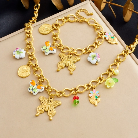 Collana E Bracciale In Acciaio Inossidabile Placcato Oro Farfalla Fiore Ceramica Ciondolo Moneta Rose Per Donna