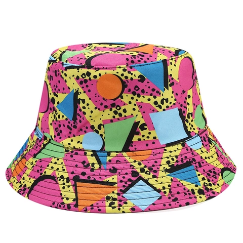Vintage Geometric Print Polyester Bucket Hat Reversible Sun Protection Outdoor Fisherman Cap For Women Men