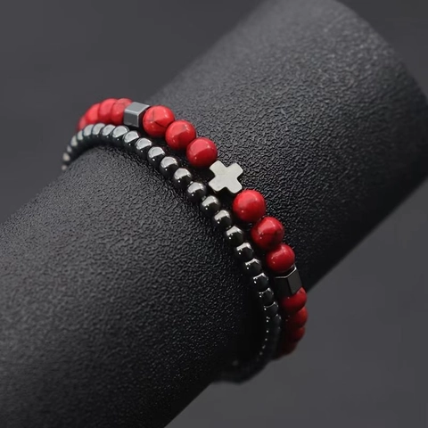 Bracciale Di Perline In Pietra Lavica Naturale Occhio Di Tigre Ematite Croce Gioielli Religiosi Per Uomo Donna