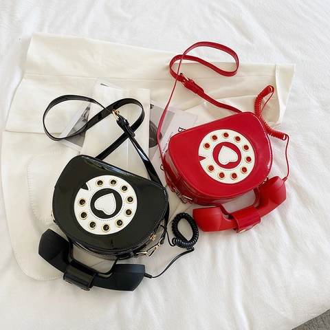 Vintage Telephone Shaped Crossbody Bag Novelty Heart Dial Shoulder Purse Glossy PU Leather Handbag For Women Fun Quirky Bag