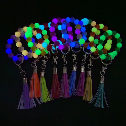 Bracciale Portachiavi in Grani di Silicone Fluorescente per Donna Cinturino Luminoso con Nappa e Chiusura in Lega Gioielli Regalo