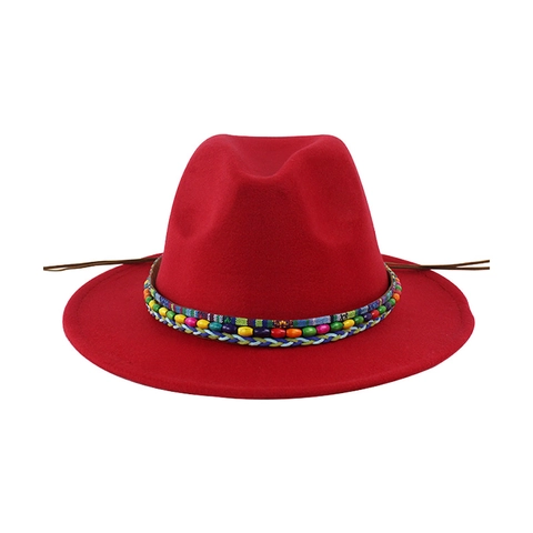 Wide Brim Fedora Hat Ethnic Style Colorful Beads Woven Band Bohemian Felt Jazz Hat For Women Men