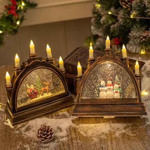 Kerst Led Kaars Brug Lamp Glimmer Waterbol Desktop Ornament Vintage Brons Kerstman Sneeuwpop Decoratie